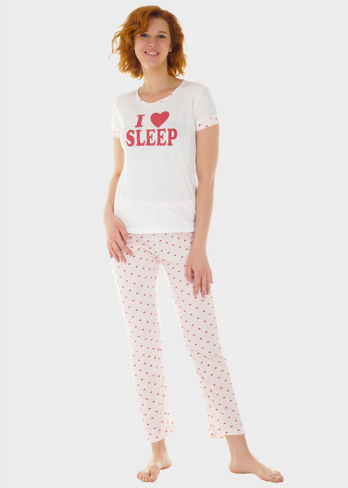 gsecret Γυναικεία καλοκαιρινή πιτζάμα " I Love sleep" all print heart παντελόνι ΕΚΡΟΥ